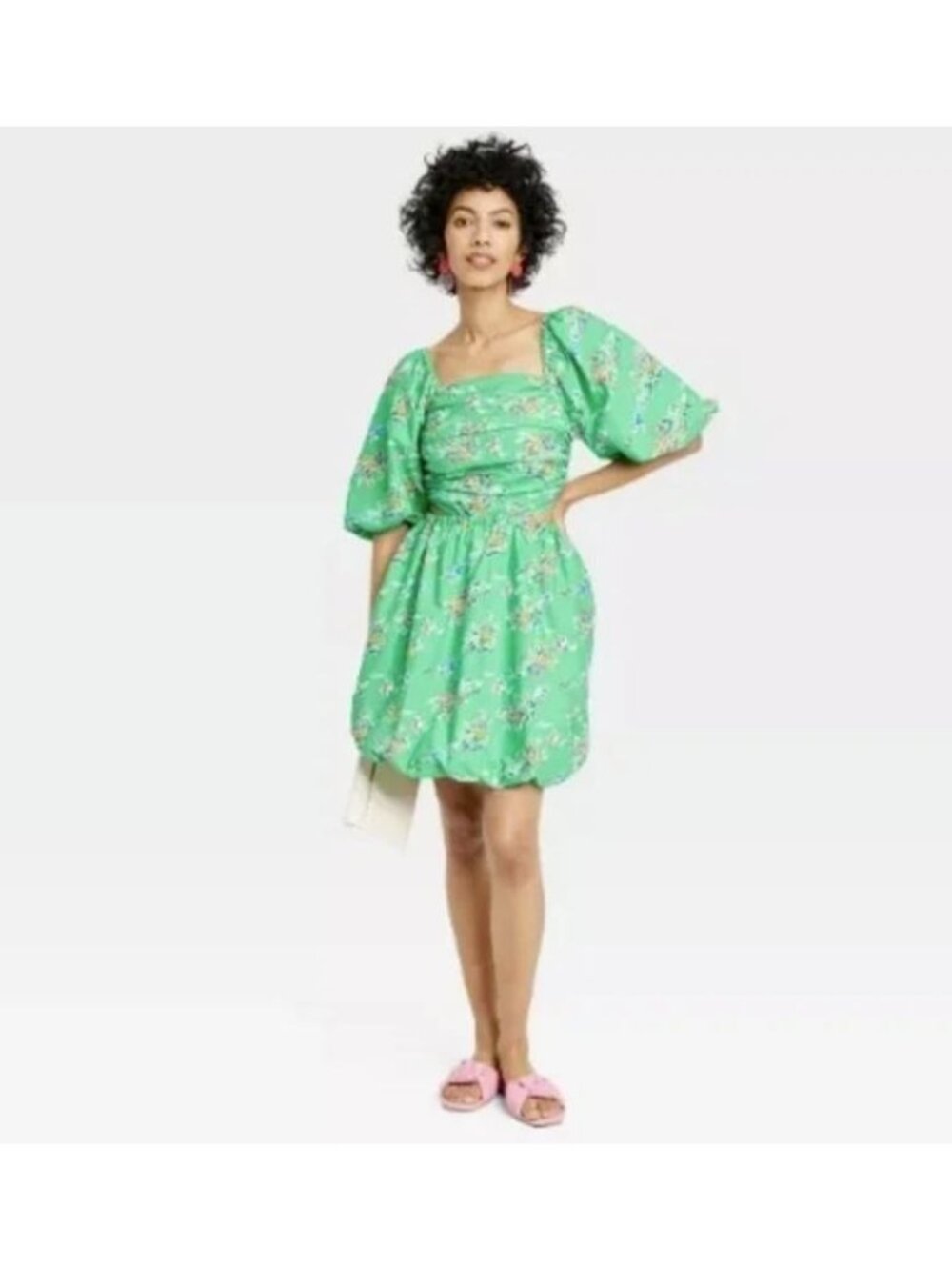 A New Day Puff Short Sleeve Cut Out Bubble Dress Green Floral XL PKTS NWT lined